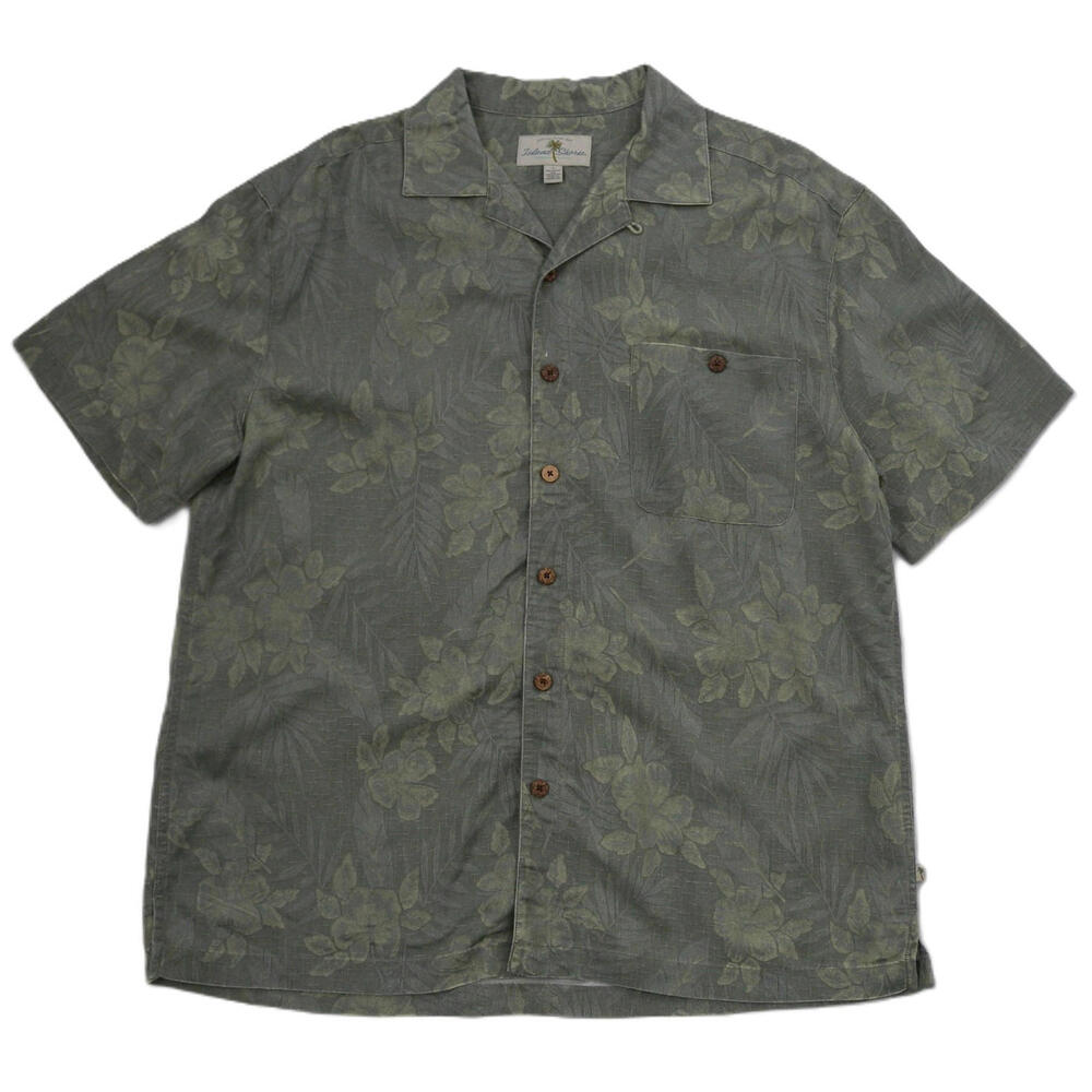 Island Shores Shirt Hawaiian Camp Rayon Blend Green Floral Short Sleeve L